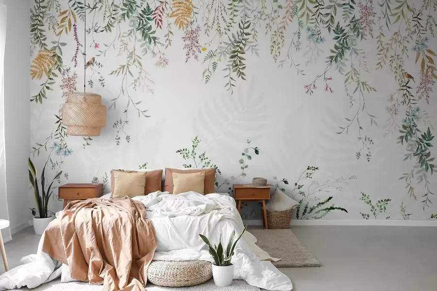 wall murals Botanical illustration with ferns, grass, and hanging plants, pastel tones, on white background watercolor textured style w09364