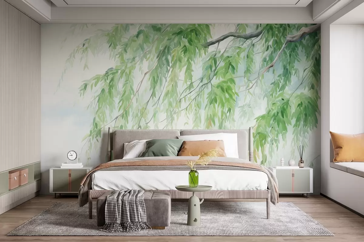 wall murals Weeping willow branches with green leaves hanging down, soft and delicate brushstrokes, watercolor painting style w09365