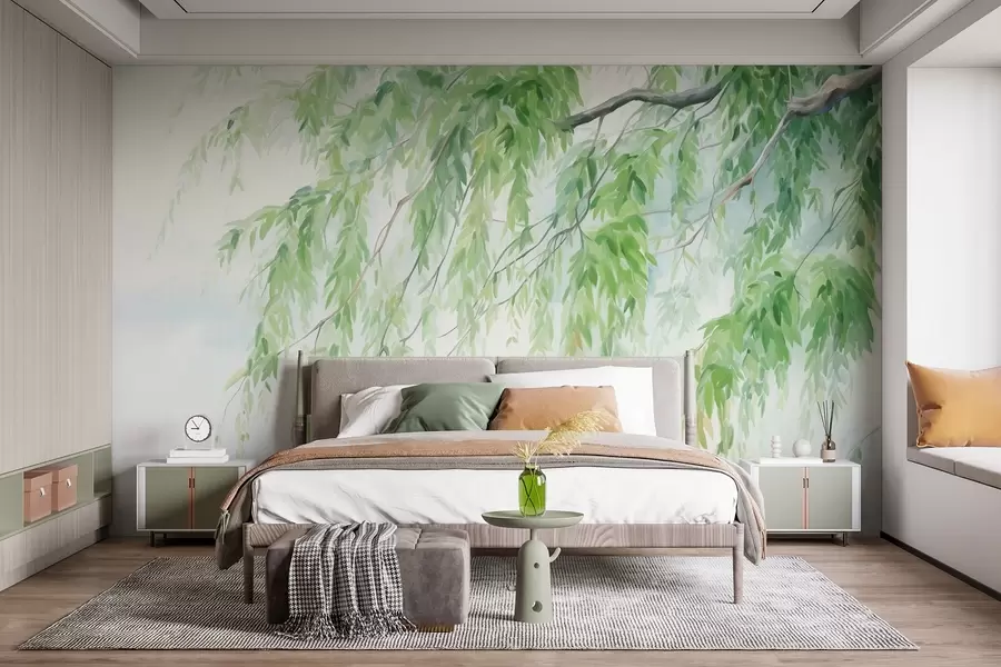 wall murals Weeping willow branches with green leaves hanging down, soft and delicate brushstrokes, watercolor painting style w09365