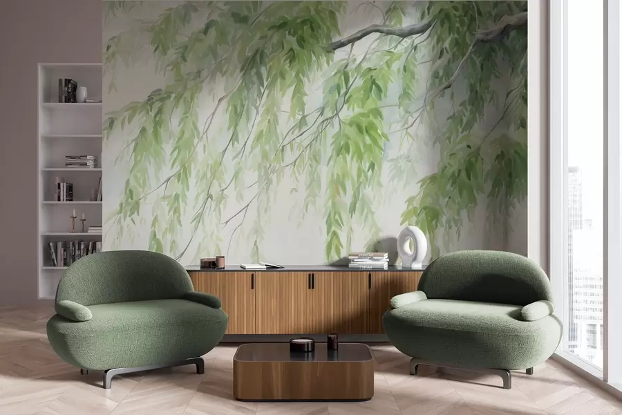 wall murals Weeping willow branches with green leaves hanging down, soft and delicate brushstrokes, watercolor painting style w09365