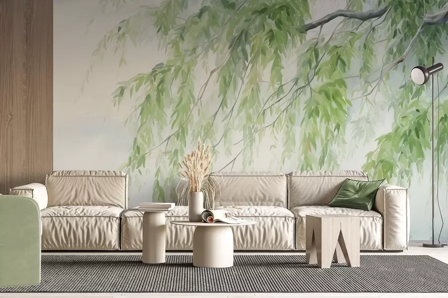 wall murals Weeping willow branches with green leaves hanging down, soft and delicate brushstrokes, watercolor painting style w09365