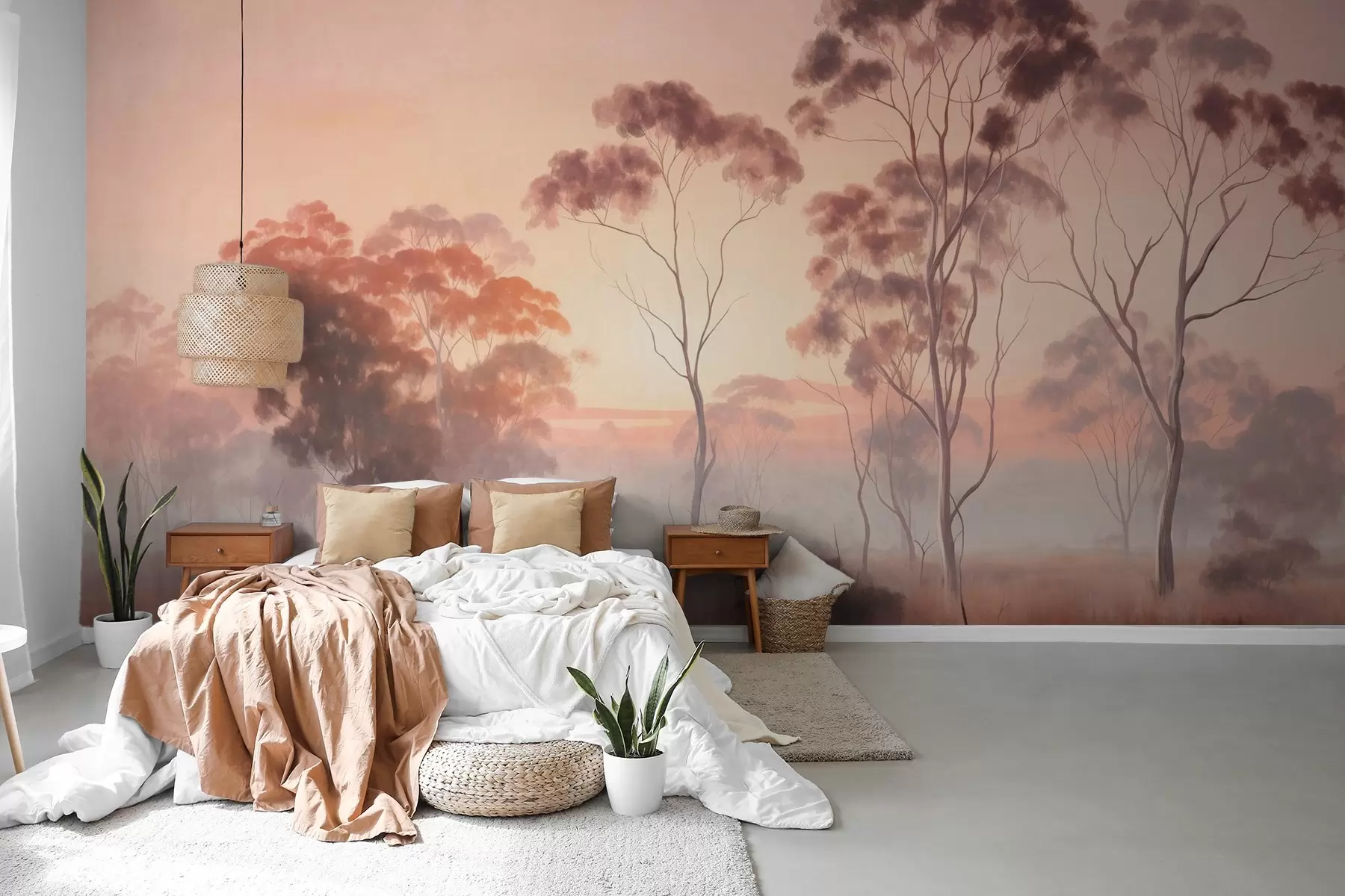 wall murals A landscape with eucalyptus trees in a field with pastel pink and orange sky, a light mist, painting textured style w09367