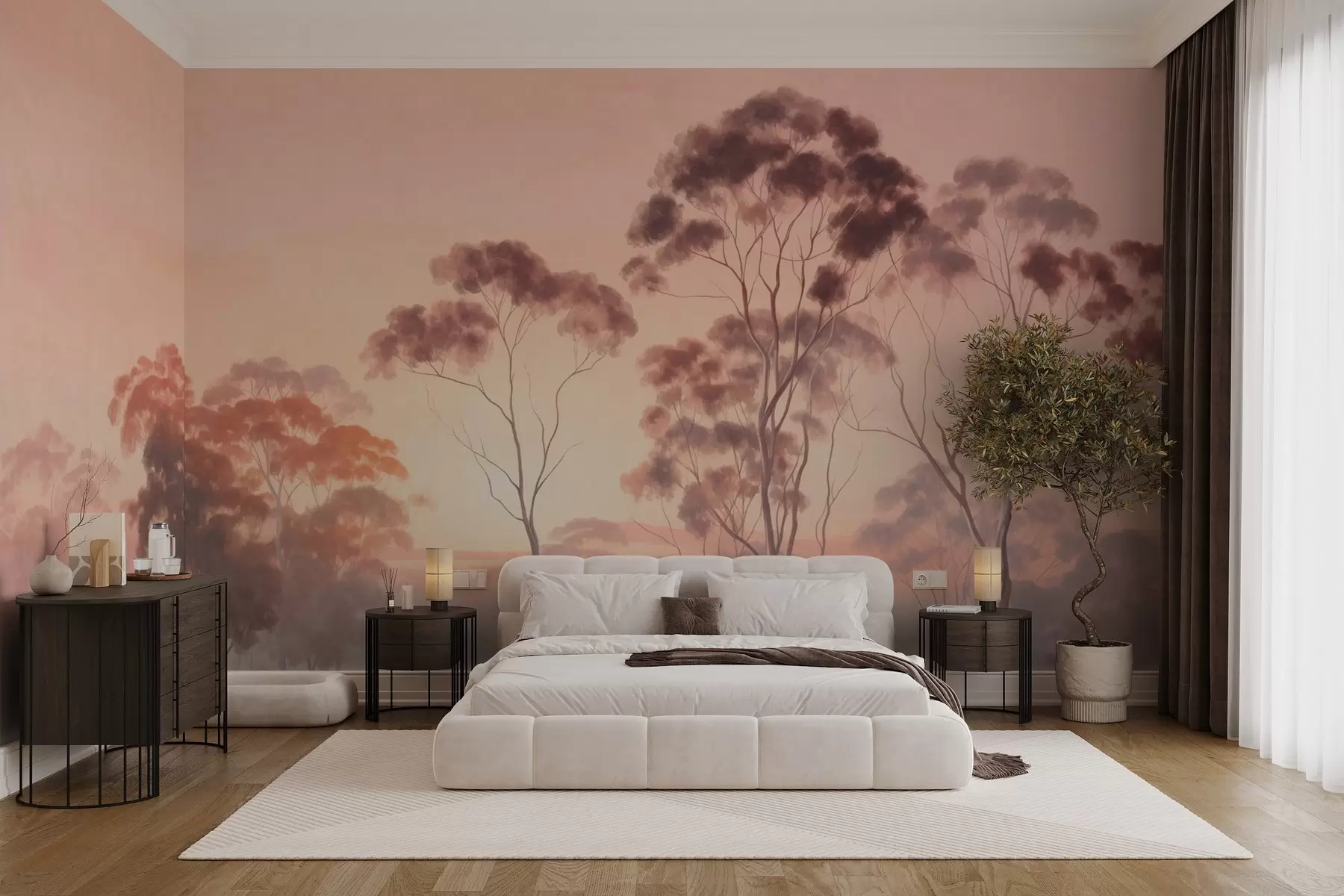 wall murals A landscape with eucalyptus trees in a field with pastel pink and orange sky, a light mist, painting textured style w09367