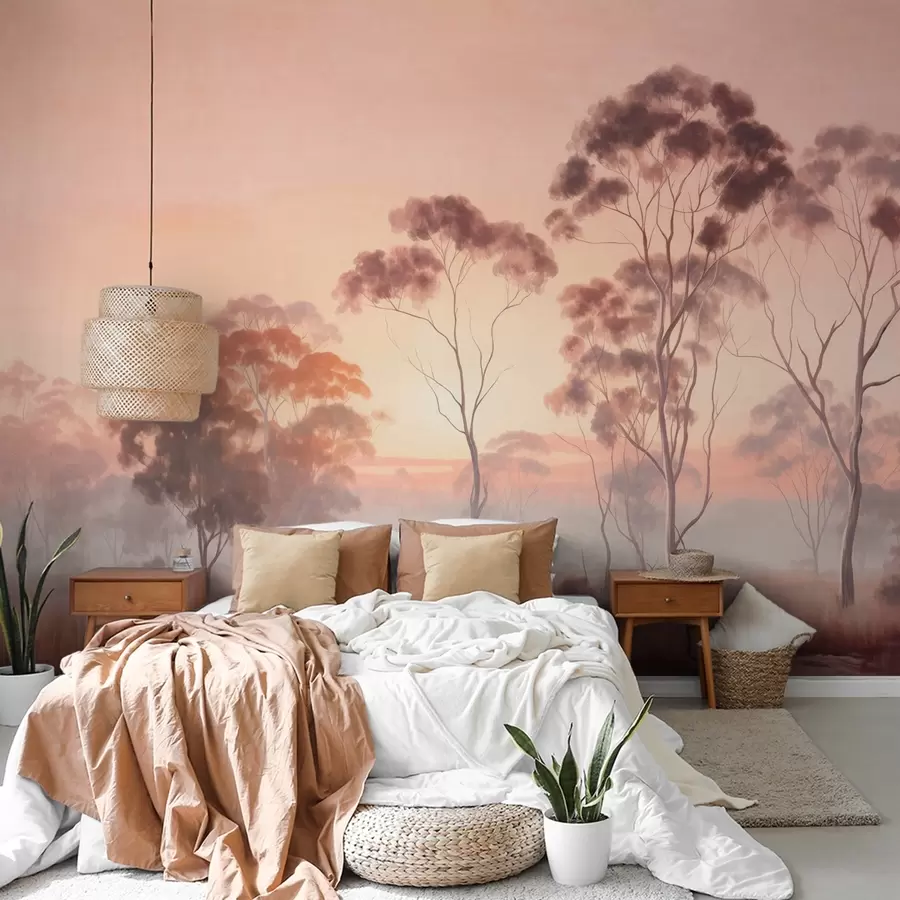 wall murals A landscape with eucalyptus trees in a field with pastel pink and orange sky, a light mist, painting textured style w09367