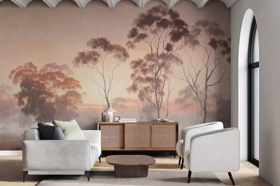 wall murals A landscape with eucalyptus trees in a field with pastel pink and orange sky, a light mist, painting textured style w09367