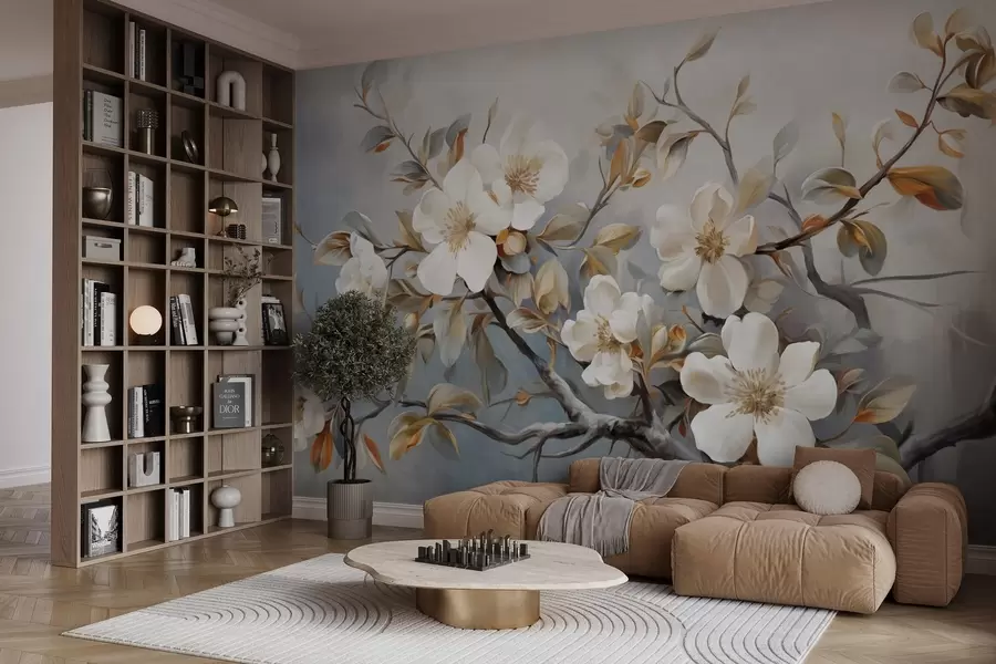 wall murals White flowers with yellow pistils on a tree branch with leaves, light background, vintage painting style, textured print w09368