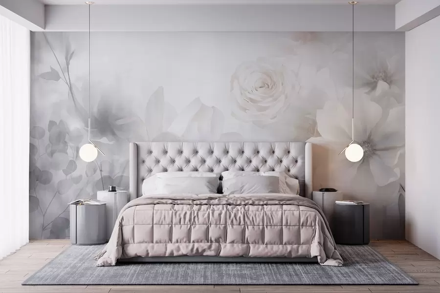 wall murals A delicate abstract floral arrangement with pastel pink roses and magnolias, soft focus, light gray background w09371