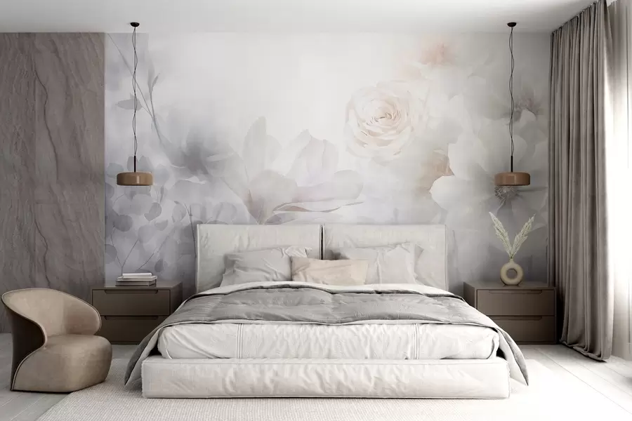 wall murals A delicate abstract floral arrangement with pastel pink roses and magnolias, soft focus, light gray background w09371