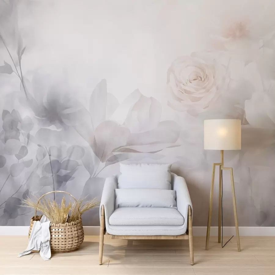 wall murals A delicate abstract floral arrangement with pastel pink roses and magnolias, soft focus, light gray background w09371