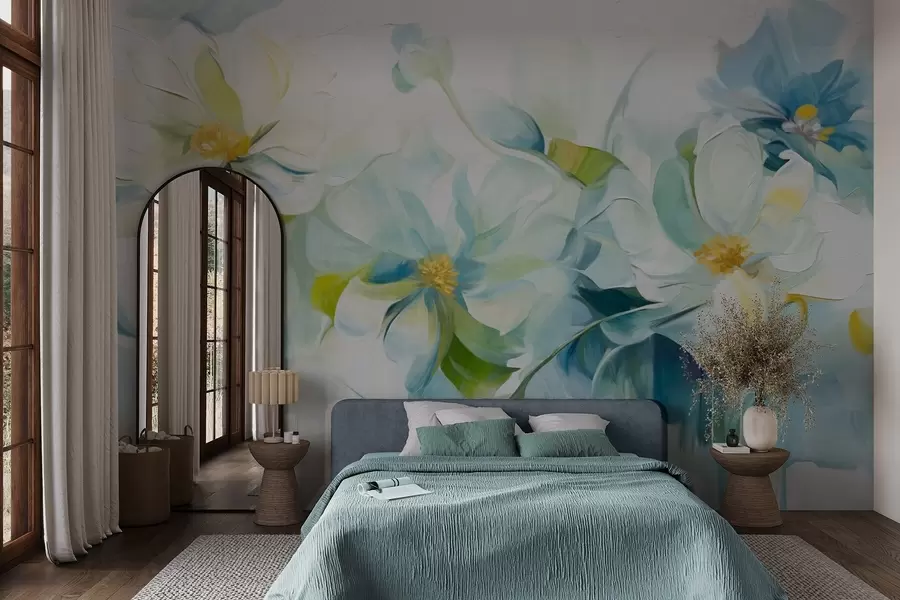 wall murals Abstract white and blue flowers with yellow pistils and green leaves, in a white background, textured painting style w09372
