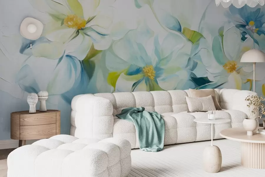 wall murals Abstract white and blue flowers with yellow pistils and green leaves, in a white background, textured painting style w09372