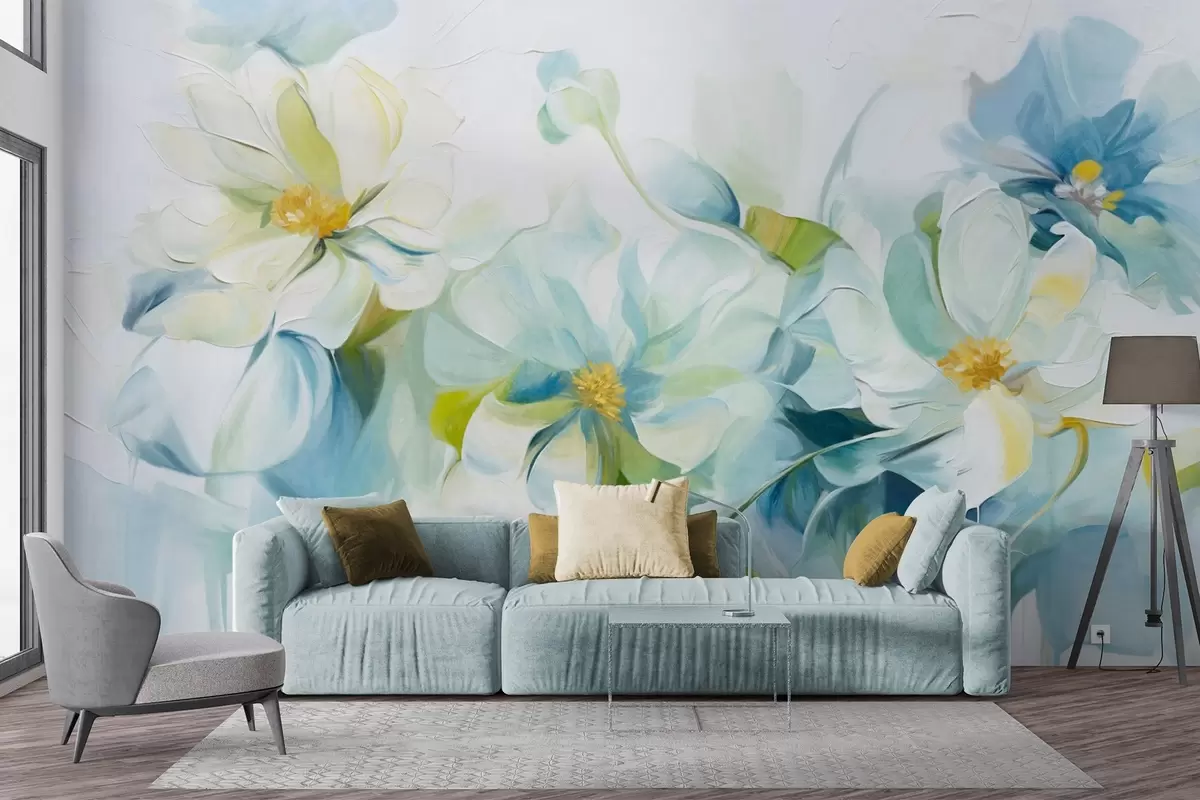 wall murals Abstract white and blue flowers with yellow pistils and green leaves, in a white background, textured painting style w09372