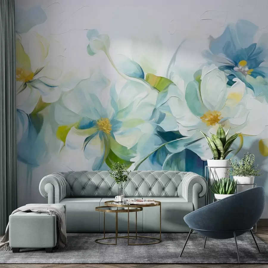 wall murals Abstract white and blue flowers with yellow pistils and green leaves, in a white background, textured painting style w09372