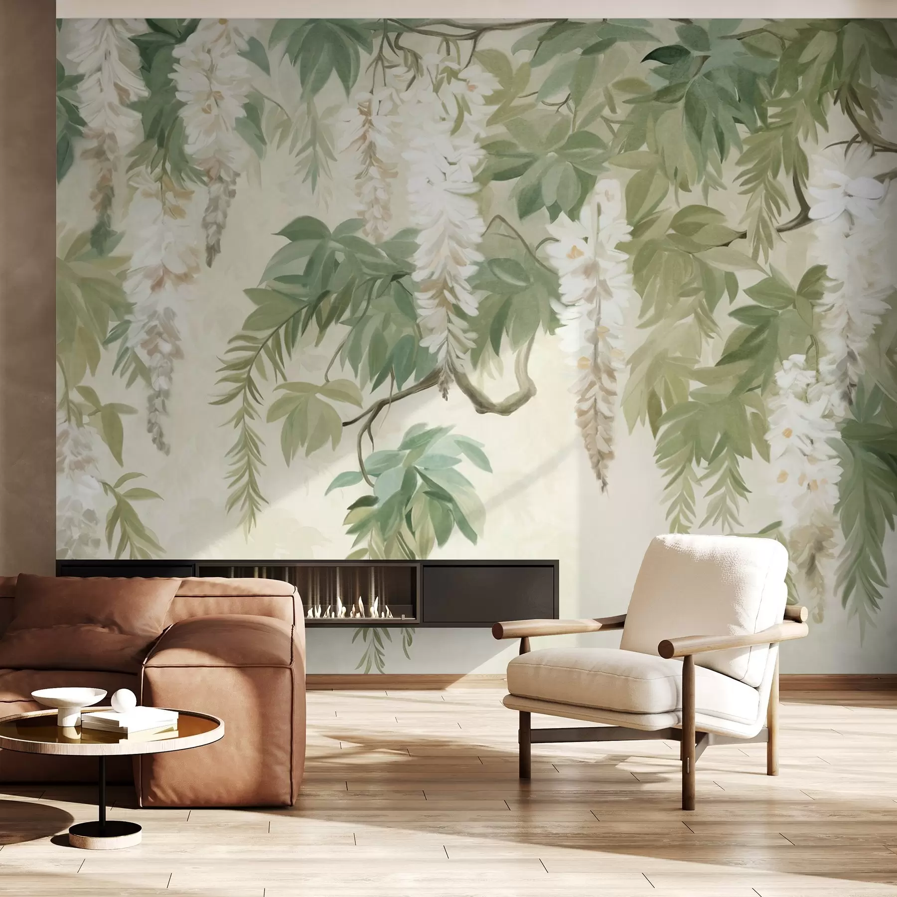 wall murals Wisteria branches with white flowers and green leaves, green background, textured vintage painting style w09375