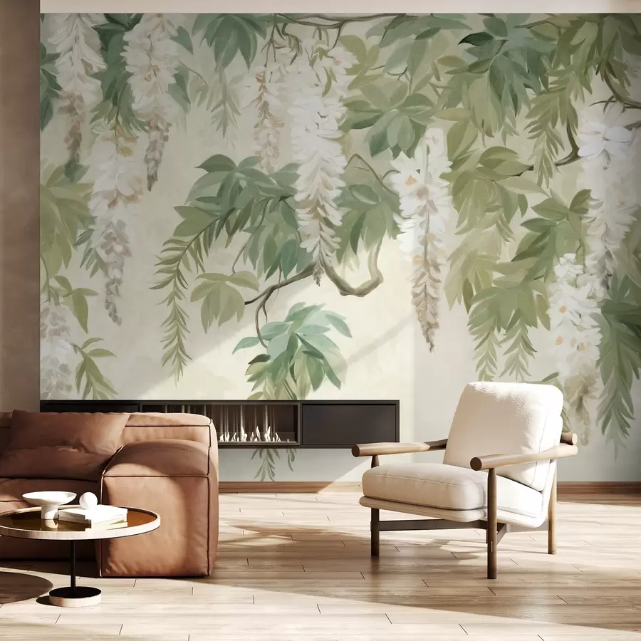 wall murals Wisteria branches with white flowers and green leaves, green background, textured vintage painting style w09375