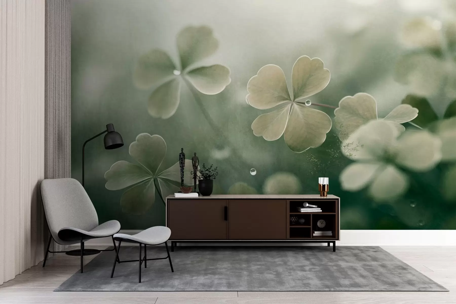 wall murals Four leaf clovers with water drops, light green color, soft focus, blurry background, textured print w09376