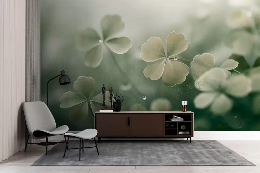 wall murals Four leaf clovers with water drops, light green color, soft focus, blurry background, textured print w09376