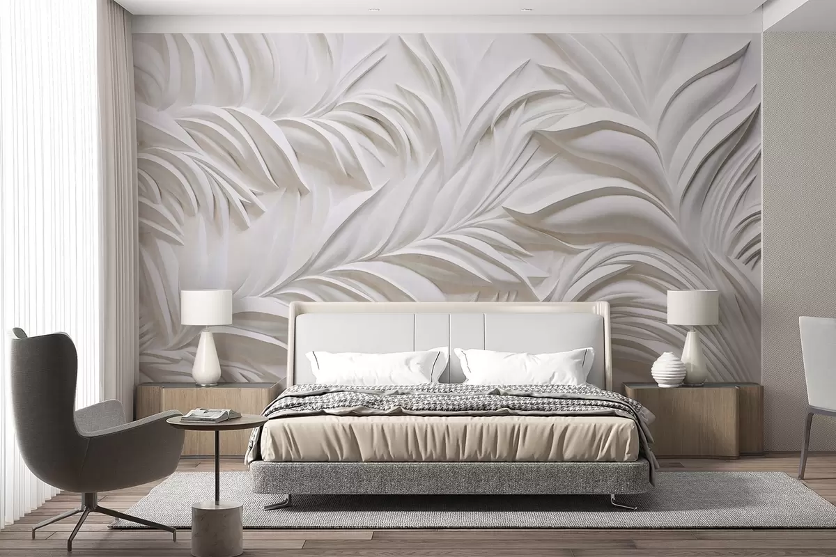 wall murals Abstract textured white leaves and floral elements, minimalist aesthetic w09378