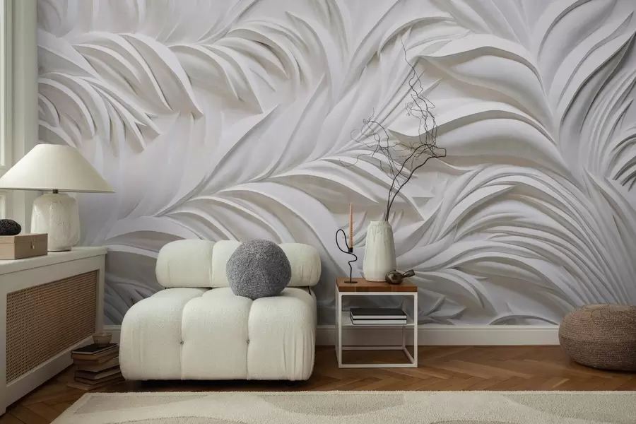 wall murals Abstract textured white leaves and floral elements, minimalist aesthetic w09378