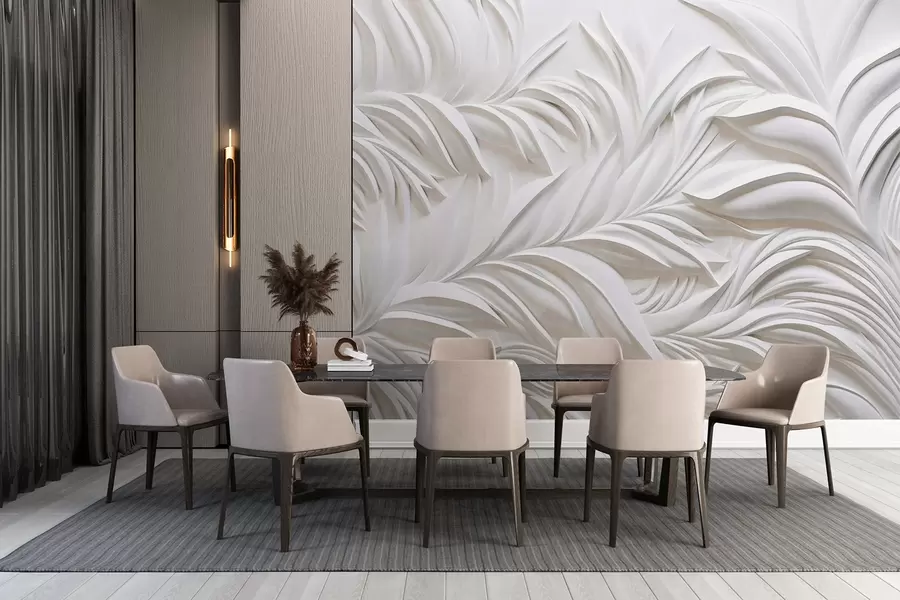 wall murals Abstract textured white leaves and floral elements, minimalist aesthetic w09378
