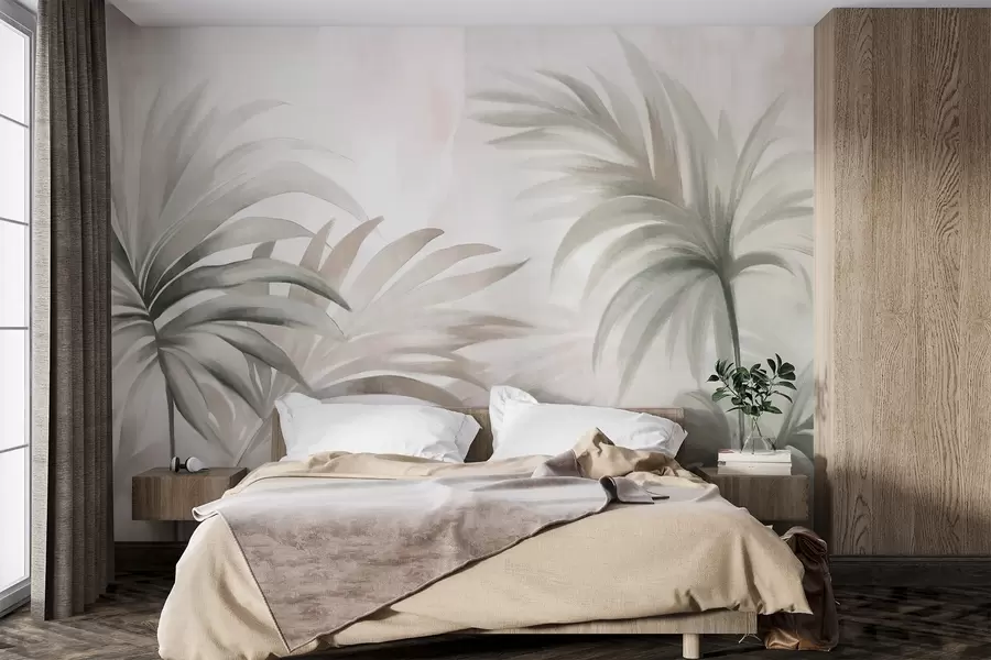 wall murals Palm tree textured leaves in neutral colors, beige abstract background, soft brush strokes, tropical textured foliage w09380