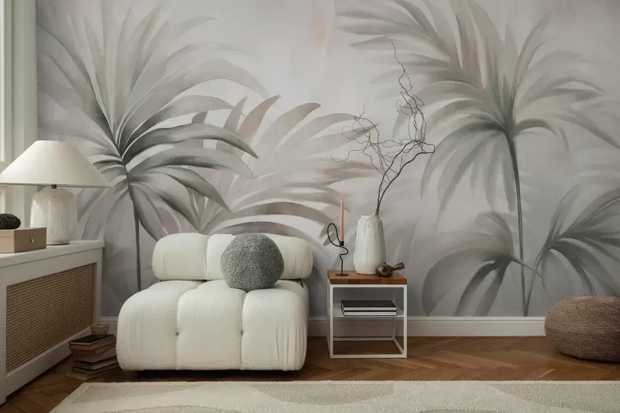 wall murals Palm tree textured leaves in neutral colors, beige abstract background, soft brush strokes, tropical textured foliage w09380
