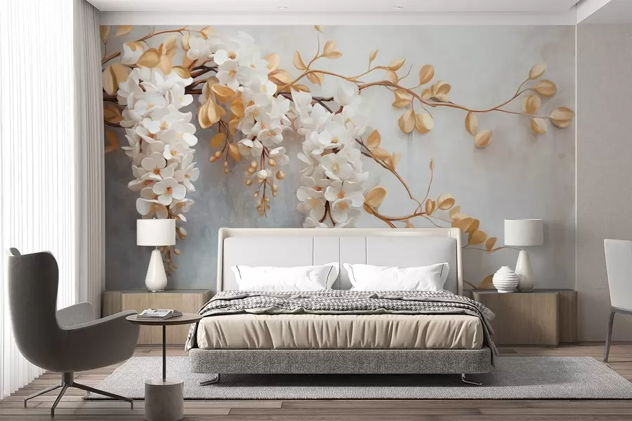 wall murals White wisteria flowers with yellow leaves on a branch, cascading down against a textured white background, delicate petals w09381