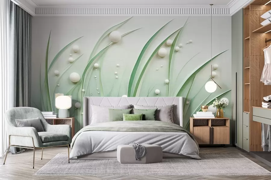 wall murals Abstract green grass with white spheres, light green background, textured, clean lines, minimalist style w09382