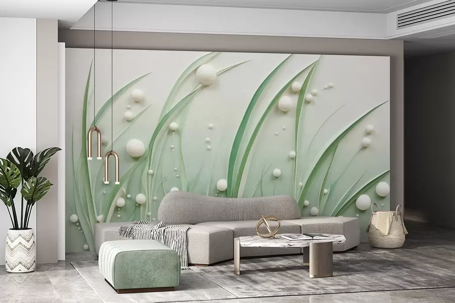 wall murals Abstract green grass with white spheres, light green background, textured, clean lines, minimalist style w09382