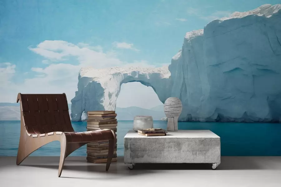 wall murals Landscape with natural ice bridge over the ocean , clear blue sky with some clouds, textured print w09383