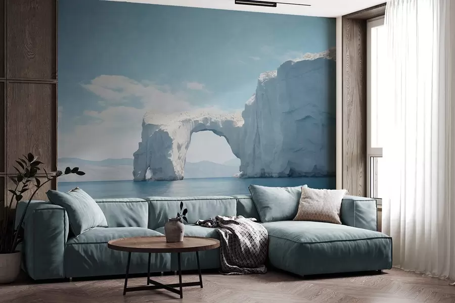 wall murals Landscape with natural ice bridge over the ocean , clear blue sky with some clouds, textured print w09383