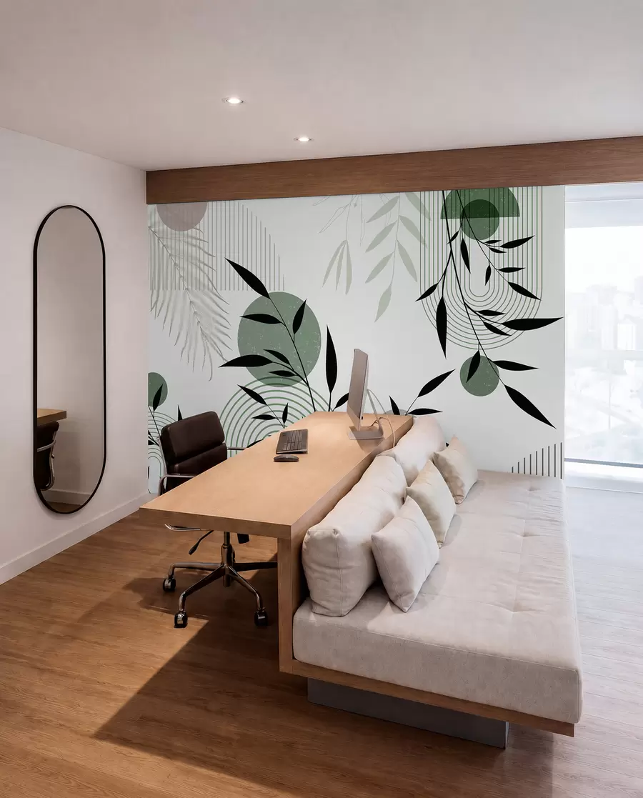 wall murals Textured abstract print with geometric shapes, circles and arches and black and green plants on a white background w09384