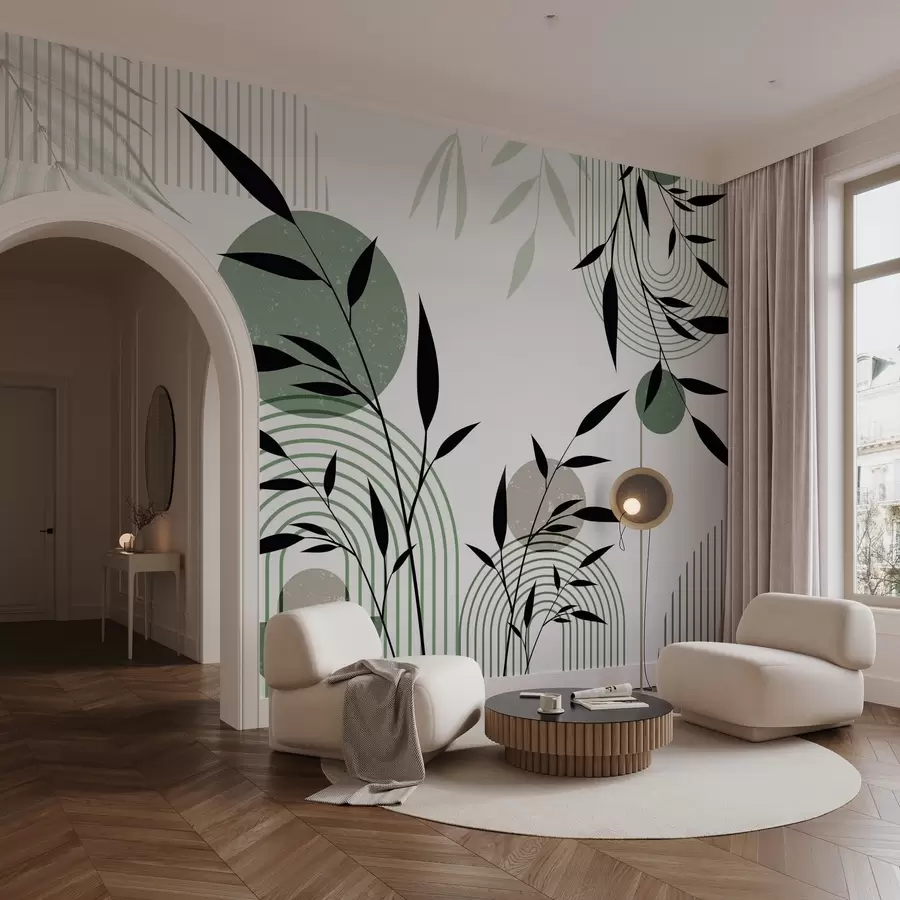 wall murals Textured abstract print with geometric shapes, circles and arches and black and green plants on a white background w09384