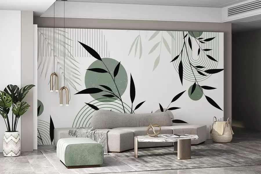 wall murals Textured abstract print with geometric shapes, circles and arches and black and green plants on a white background w09384