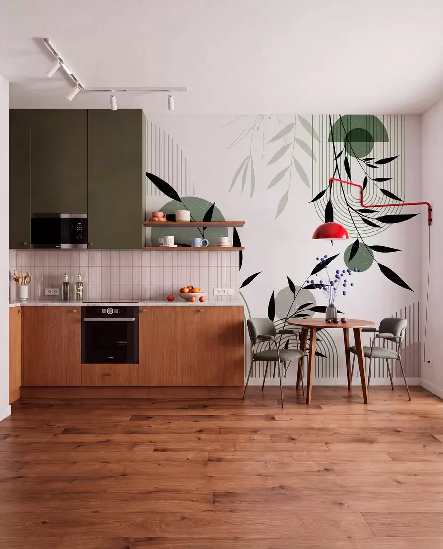 wall murals Textured abstract print with geometric shapes, circles and arches and black and green plants on a white background w09384