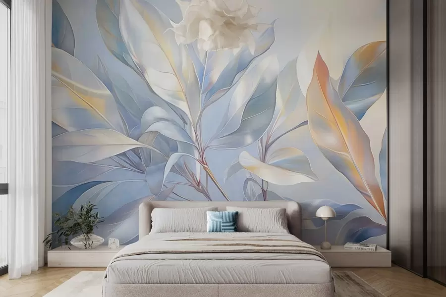 wall murals Magnolia leaves with white and blue tones, soft lighting, elegant composition, detailed leaf veins, artistic brushstrokes w09385