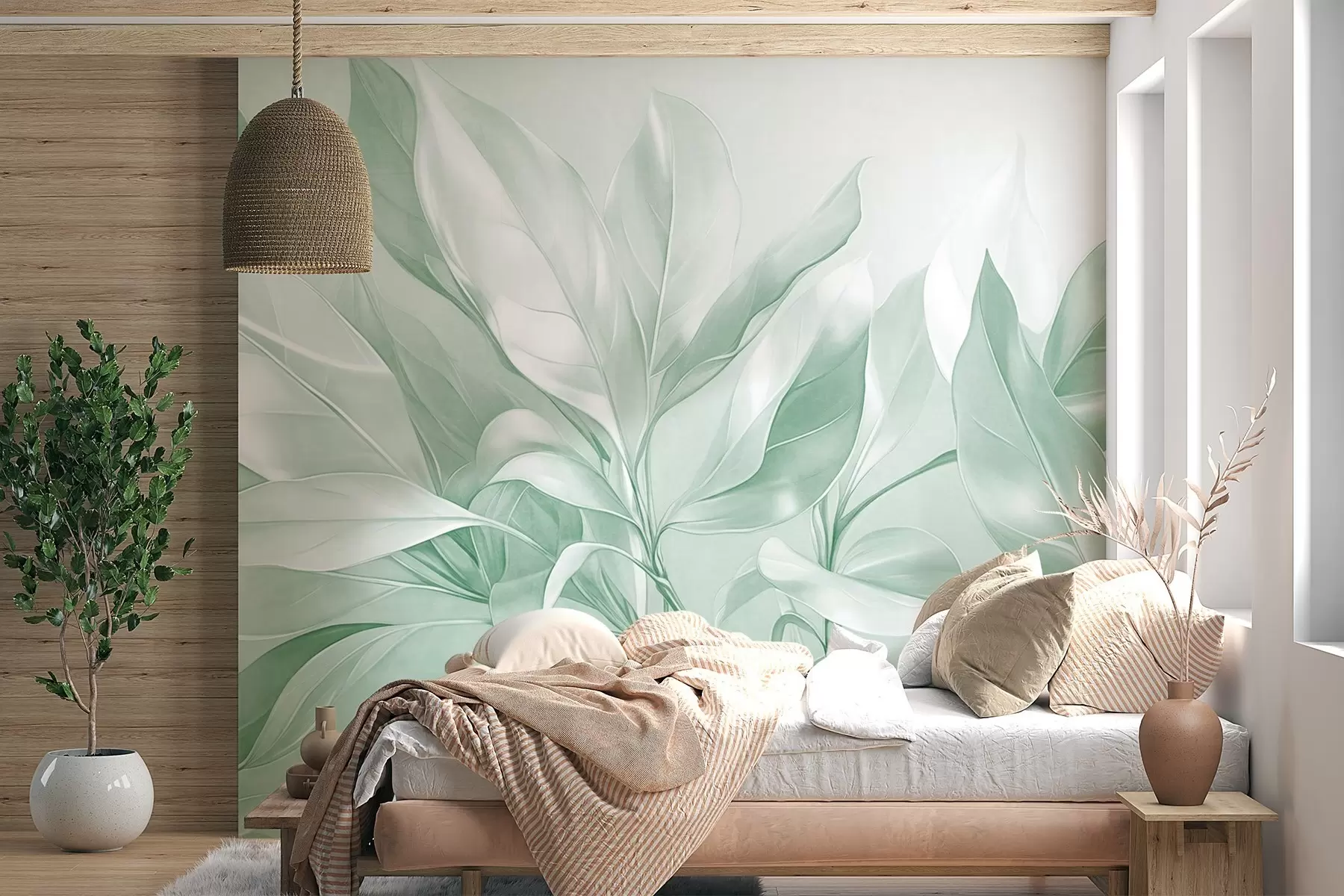 wall murals Magnolia leaves with white and green tones, soft lighting, elegant composition, detailed leaf veins, artistic brushstrokes w09385v1