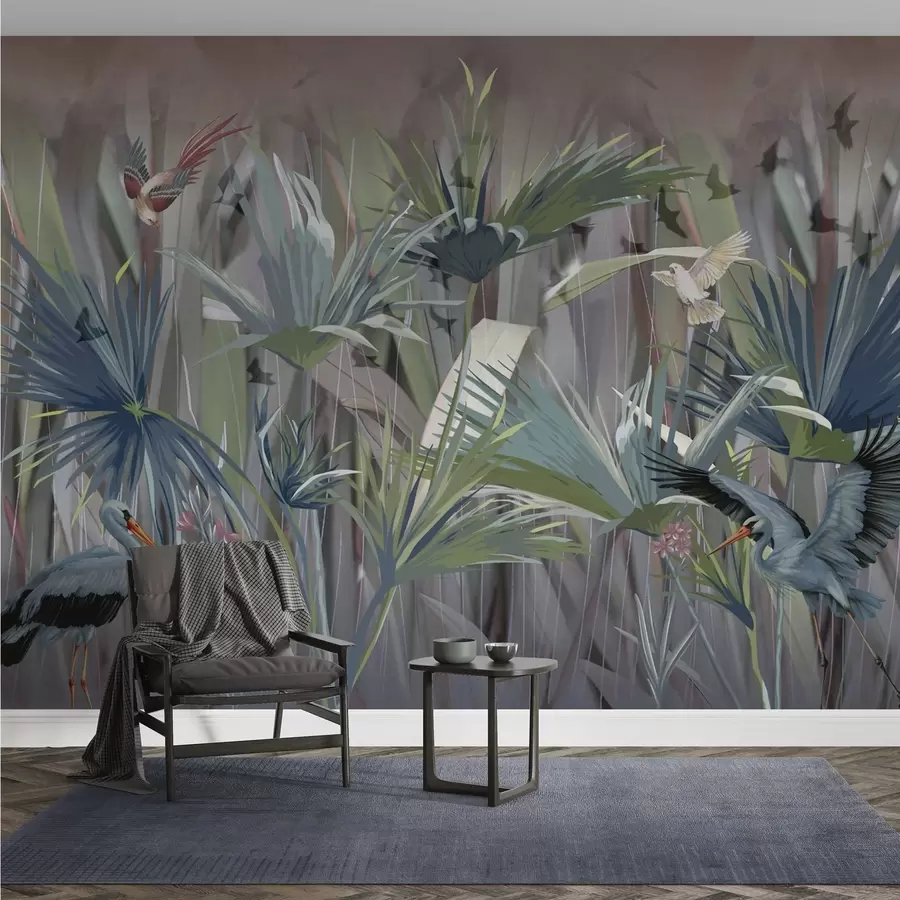 wall murals Exotic birds among palm leaves and flowers w04458