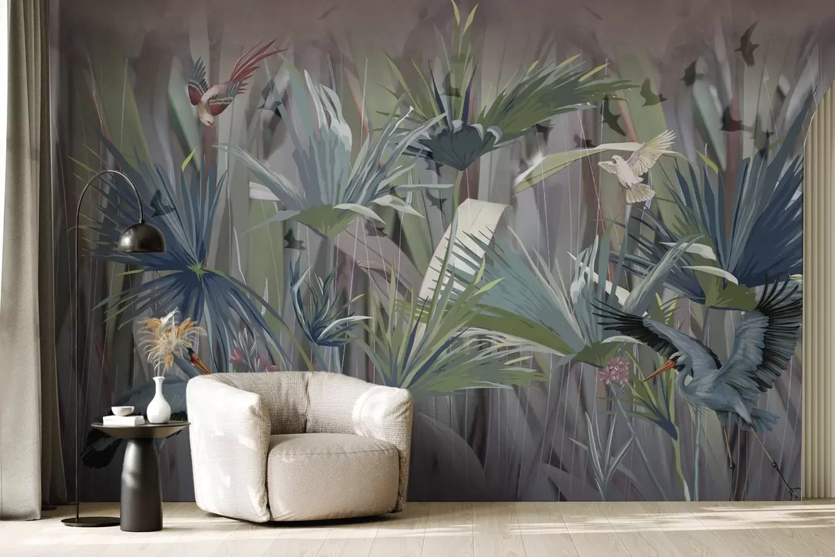 wall murals Exotic birds among palm leaves and flowers w04458