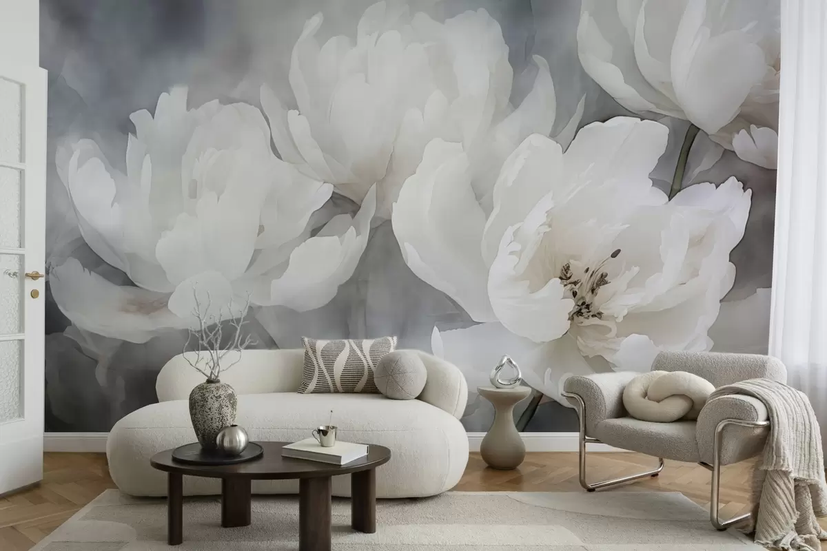 wall murals White flowers on a misty, delicate background w04441