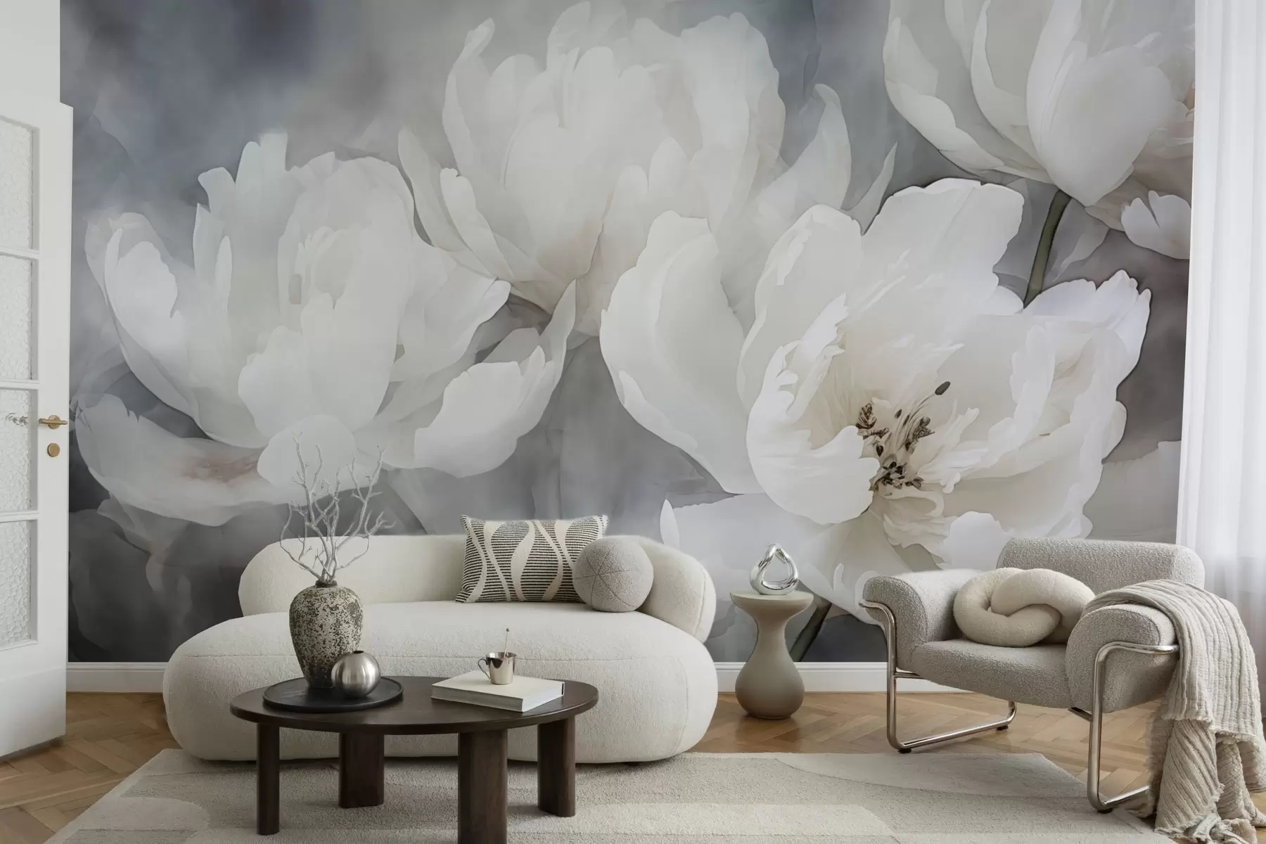 wall murals White flowers on a misty, delicate background w04441