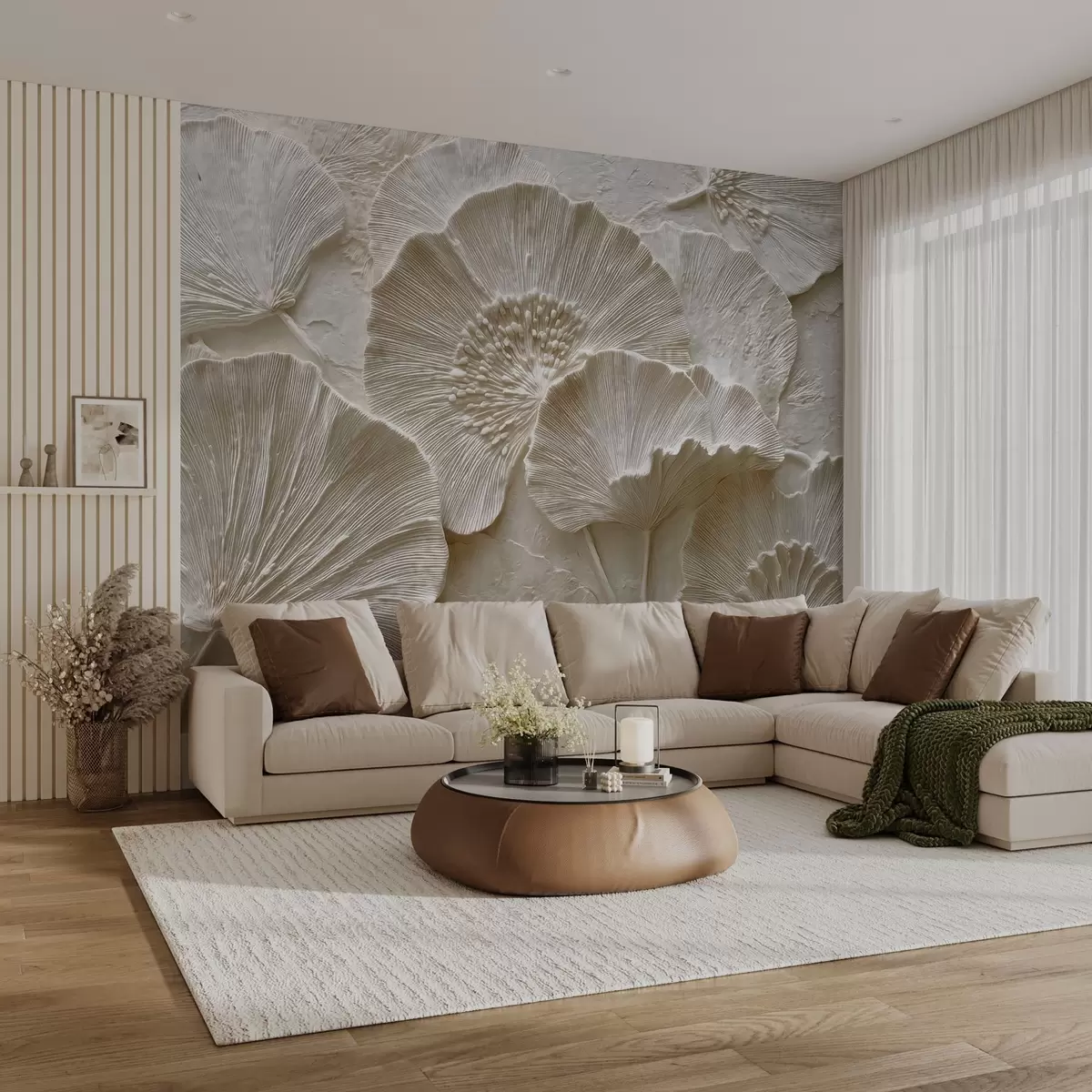 wall murals Voluminous ginkgo leaves in a light embossed style w04444