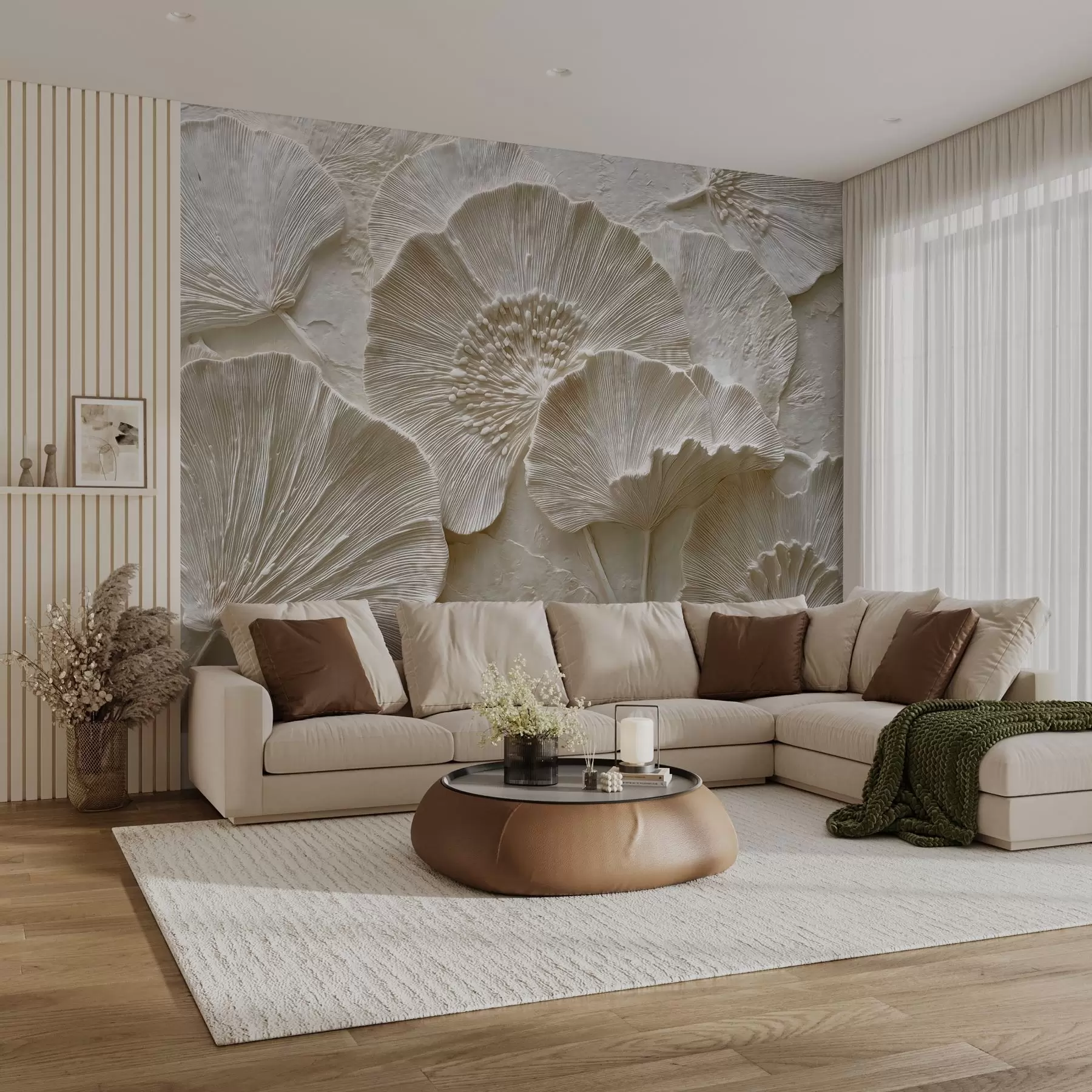 wall murals Voluminous ginkgo leaves in a light embossed style w04444