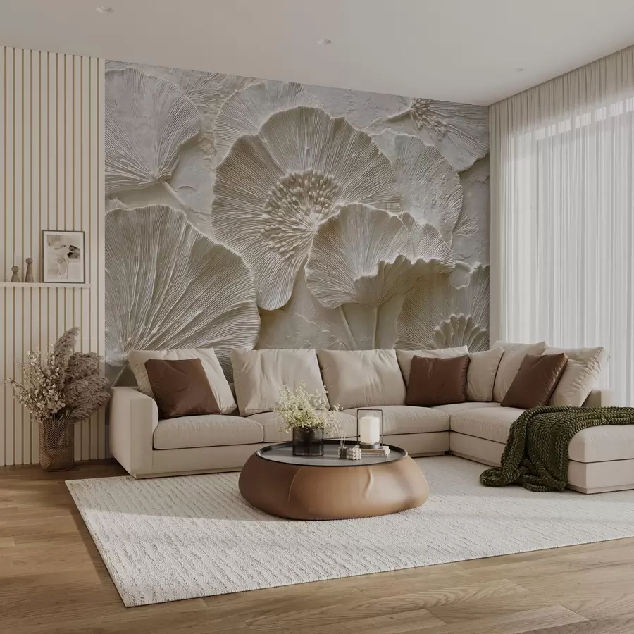 wall murals Voluminous ginkgo leaves in a light embossed style w04444