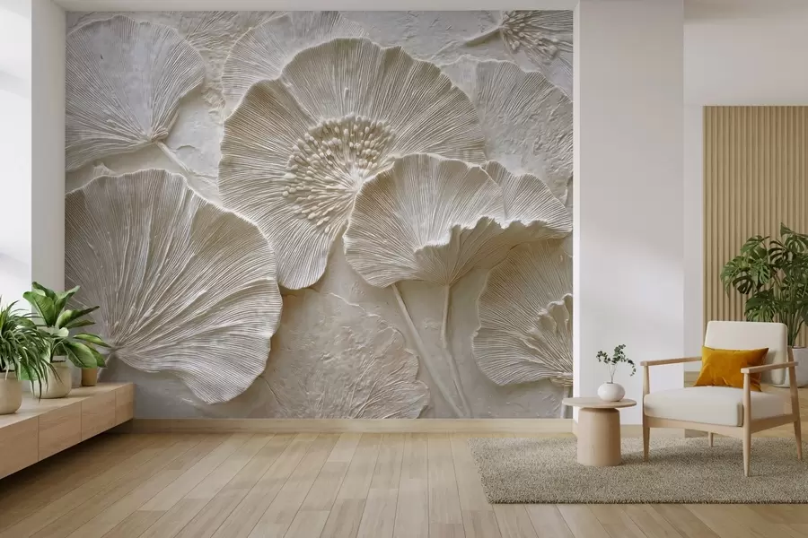 wall murals Voluminous ginkgo leaves in a light embossed style w04444