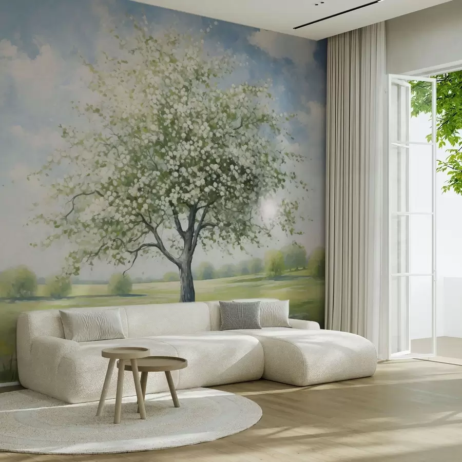 wall murals A lone tree in a field with white flowers w04445