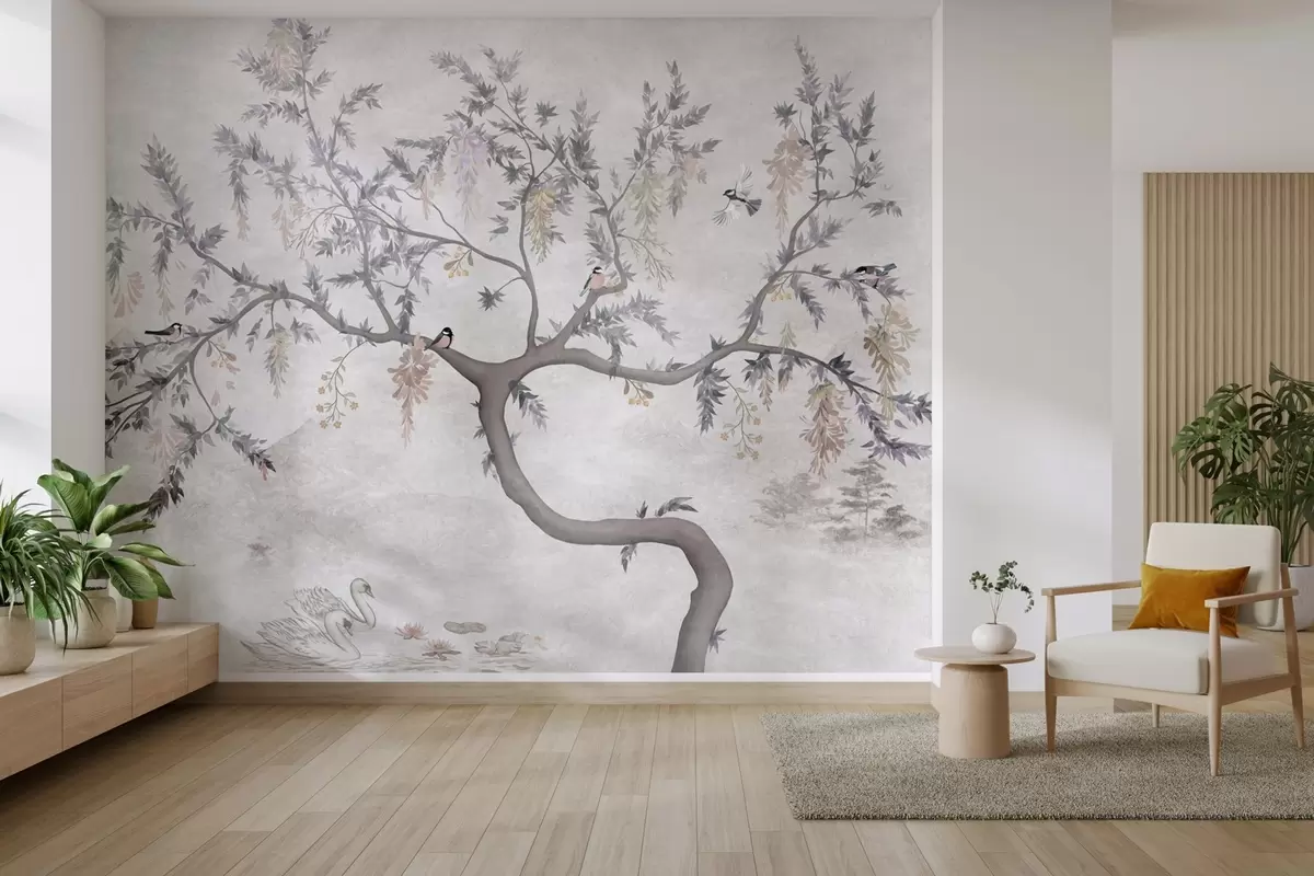 wall murals Tree branch with birds in oriental style w04456