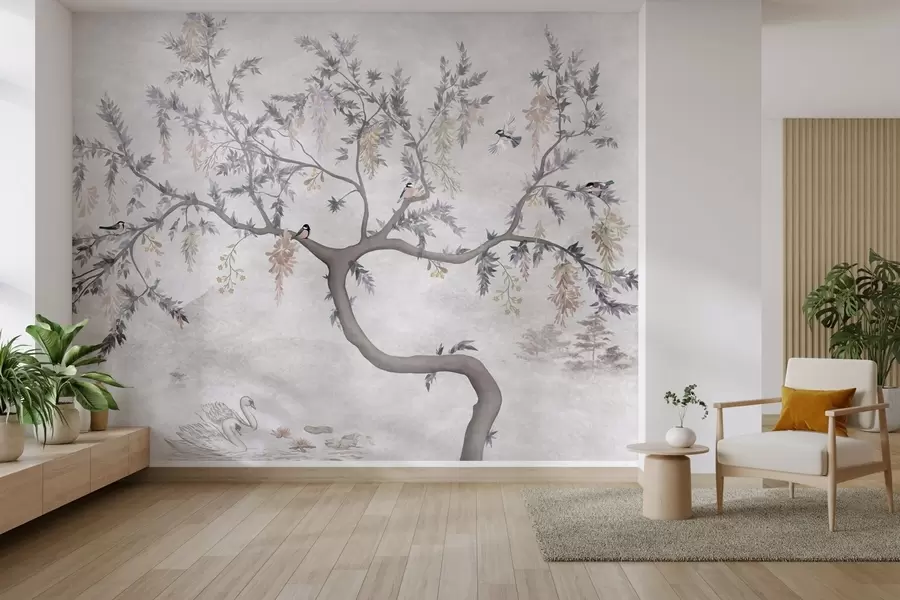 wall murals Tree branch with birds in oriental style w04456