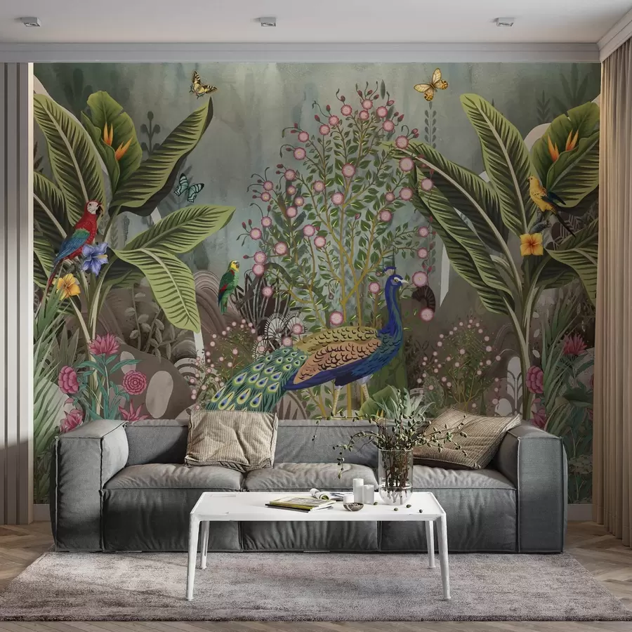 wall murals Bright tropical birds and peacock among exotic plants w04457