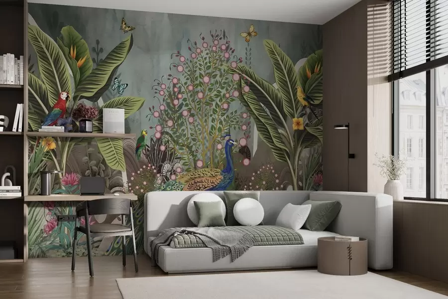 wall murals Bright tropical birds and peacock among exotic plants w04457